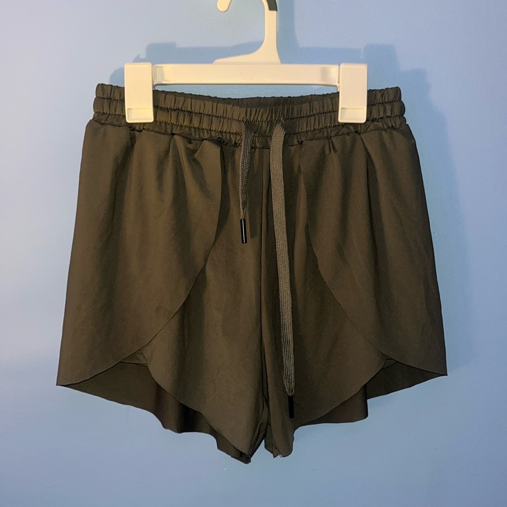Dark grey athletic shorts layered wrapped shorts with spandex